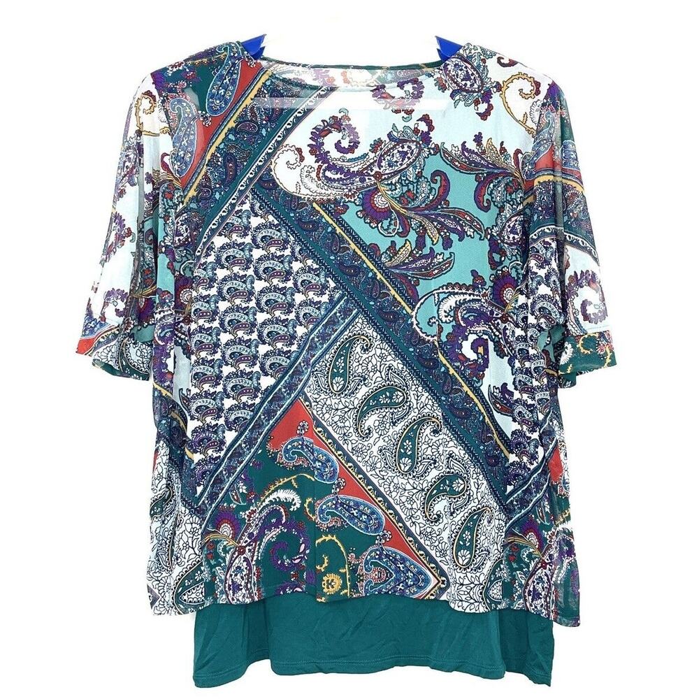 Chicos Womens Top Size 2 Large Green Paisley Top Dolman Sleeves Boat Neck Sheer